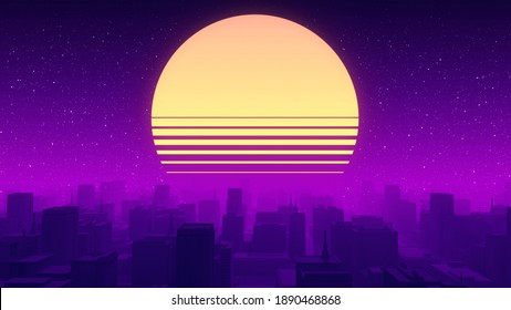 Retro wave, synthwave digital city landscape. Sunset view from over the city. Volumetric light. Rays from the sun. 80s Retro futurism style video. 3D Render. Purple, red colors. Trendy vintage 4K clip