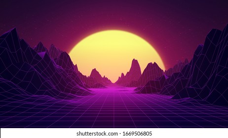 Retro wave and synthwave digital landscape, sunset, mountains. Bright glowing sun above horizon. Volumetric light. Neon grid on ground. 80s 90s Style. Retro futurism. 3D Render Vintage Illustration