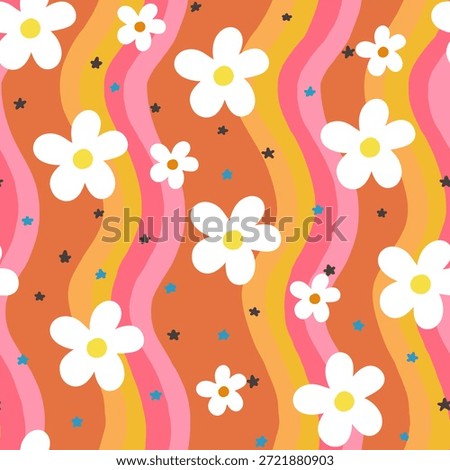 Retro waves background with daisies, groovy seamless pattern