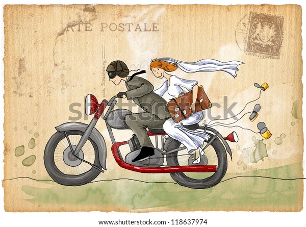 レトロな結婚式のイラスト 結婚したばかり バイクに乗った花婿と花嫁 のイラスト素材