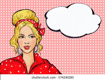 Retro woman in pop art comic style.girl illustration and bubble for text