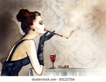 Retro woman portrait with cigarette . watercolor illustration - Powered by Shutterstock