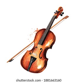 Retro wooden brown violin with bow music string instrument. Hand drawn watercolor illustration isolated on white background