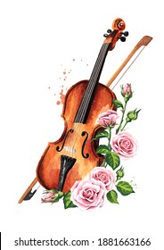 Retro wooden brown violin with bow music string instrument with rose flowers. Hand drawn watercolor illustration isolated on white background