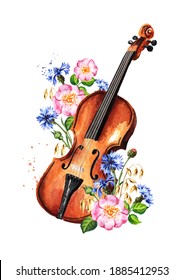 Retro wooden brown violin and  flowers. Summer music concept. Hand drawn watercolor illustration isolated on white background