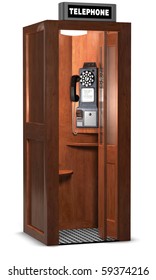 Retro Wooden Phone Booth Isolated On White With A Clipping Path