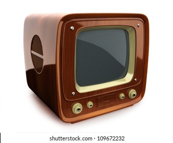 Retro Wooden TV, Side View On A White Background