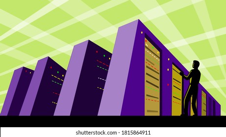 Retro WPA Illustration Of Computer Engineer Standing Near Supercomputer, Super Computer Or Server Farm Or Server Cluster Done In Works Project Administration Or Federal Art Project Style.