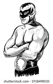 Retro wrestler in mask. Ink black and white drawing