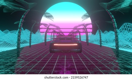 Retro-futuristic Landscape With A Car Moving Forward. Seamless 80s Stylized Neon Background Suitable For Music Track Or Album Cover. Retrowave Sunset. 3D Render.