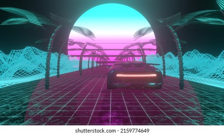 Retro-futuristic Landscape With A Car Moving Forward. Seamless 80s Stylized Neon Background Suitable For Music Track Or Album Cover. Retrowave Sunset. 3D Render.