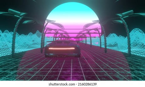 Retro-futuristic Landscape With A Car Moving Forward. Seamless 80s Stylized Neon Background Suitable For Music Track Or Album Cover. Retrowave Sunset. 3D Render.