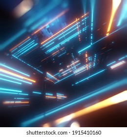 Retro-futuristic Sci-Fi scene with colorful LED or neon lights. Abstract tech background.  3D render	