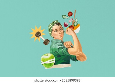 Retro-style collage of a strong woman flexing, with a dumbbell, apple, and salad. Empowerment, health, and fitness themes. Vibrant and motivational design. Vintage woman, female empowerment symbol. - Powered by Shutterstock