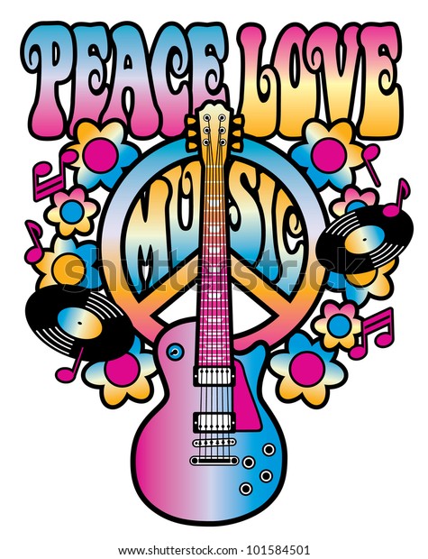 Retrostyle Illustration Guitar Peace Symbol Words Stock Illustration ...