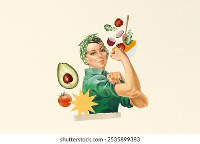 Retro-style illustration of a woman flexing her arm, surrounded by avocado, tomato, and salad ingredients, symbolizing strength and healthy eating. Vintage woman, female empowerment symbol. - Powered by Shutterstock