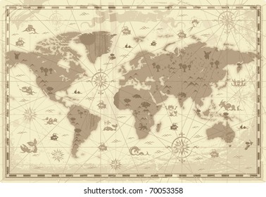 Retro-styled Map Of The World With Mountains And Fantasy Monsters. Colored In Sepia. Raster Version. Vector Version Is Also Available.