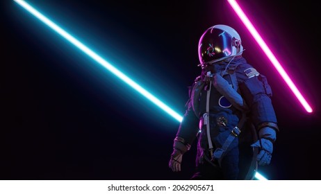 Retrowave Astronaut Among Neon Laser Beams. Futuristic Background 3d Render.
