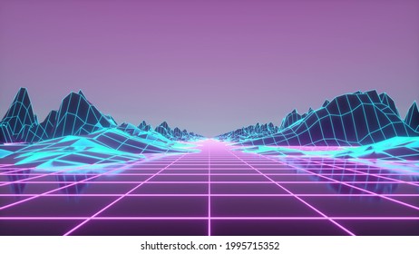 Retrowave Horizon Landscape With Neon Lights And Low Poly Terrain. 3d Rendering.