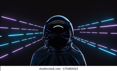 Retrowave style 3d illustration. Futuristic astronaut on neon background. Advanced technology concept.