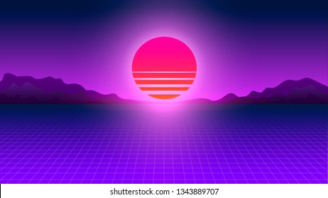 Retrowave sunset. Perspective grid. Futuristic cyberpunk neon digital background for design. Retro video games, synthwave, futuristic design, rave music, 80s-90s computer graphics and sci-fi concept
