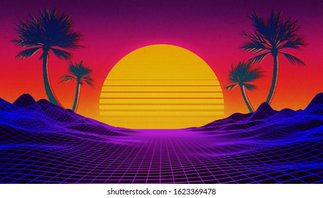 Retrowave, Synthwave Or Vaporwave 80's Landscape With Neon Light Grid, Sun And Palm Trees. Sci-fi, Futuristic 3d Rendering Illustration With Copy Space For Text.