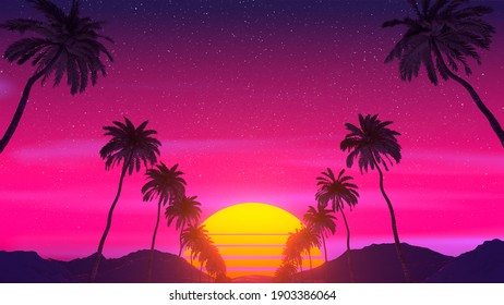 Retrowave Tropical Landscape. Palms, Mountains And Sun.