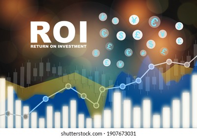 Return On Investment ROI And Growth Graph With Currency Symbol On Abstract Background. Making Money And Saving Concept And Business Stock Trading Idea