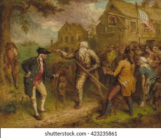 The Return Of Rip Van Winkle, By John Quidor, 1849, American Painting, Oil On Canvas. After Sleeping Through The Revolutionary War, Rip Finds A Flag Bearing The Stars And Stripes, While The Face Of K