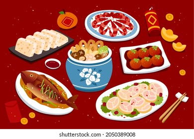 Reunion Dinner For Chinese Lunar New Year, The Feast With A Variety Of Dishes Of Meat