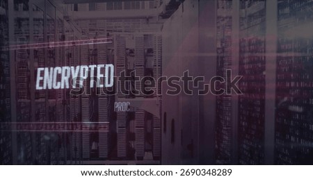 Revealing server rack unit pulsing status lights in dim data center, with encrypted PROC overlay. Technology, cybersecurity, data, infrastructure, digital, network, industrial