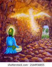 Revelation Of The Coran To Muhammad Arab Oil Painting, Beautiful Art An Angel Descends To A Meditating Man In A Cave Paint. Acrylic Religious Story Artwork.