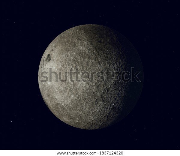 The reverse side of the moon.\
Full moon isolated on dark night sky background, with craters and\
surface details visible, map provided by nasa. 3d\
illustration