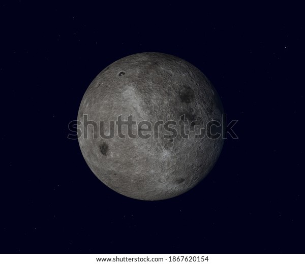 The reverse side of the moon. Full moon on\
dark night sky background, with craters and surface details\
visible, map provided by nasa. 3d\
illustration