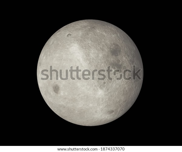The reverse side of the moon. Full moon on\
dark night sky background, with craters and surface details\
visible, map provided by nasa. 3d\
illustration