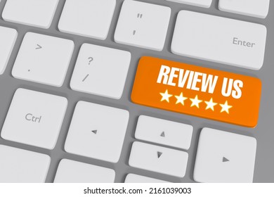 Review Us Button 3D Rendered With Five Stars On The Keyboard. Rating Concept Backdrop