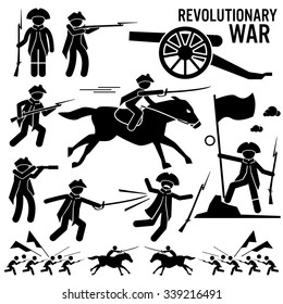 Revolutionary War Soldier Horse Gun Sword Fight Independence Day Patriotic Stick Figure Pictogram Icons