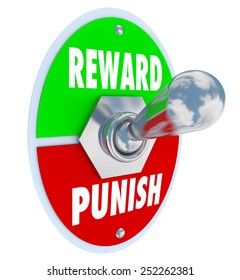 Reward and Punish words on a toggle switch or lever to illustrate disciplining a child, student or worker for good or bad behavior or performance