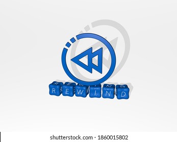 REWIND 3D Icon On Cubic Text, 3D Illustration