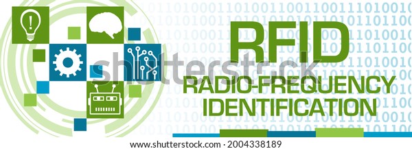 RFID - Radio-Frequency Identification text
written over blue green
background.