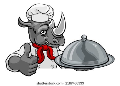 A Rhino Chef Mascot Cartoon Character Holding A Silver Platter Cloche Dome Of Food Peeking Round A Sign