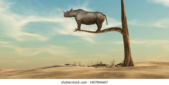 rinoceronte fica em um galho fino de árvore murcha em uma paisagem surreal. Esta é uma ilustração de renderização 3D
