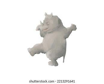 Rhinoceros Enthusiastically Dances Cheerful Hopak Dance. Cartoon Hand Drawn Illustration