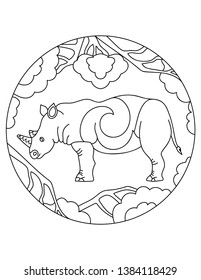 Rhinoceros pattern. Illustration with a rhinoceros. Mandala with an animal.  Rhinoceros in a circular frame. Coloring page for kids and adults. African animal and trees.