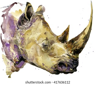 Rhinoceros Watercolor. African Rhino Animal Hand Drawn Illustration.