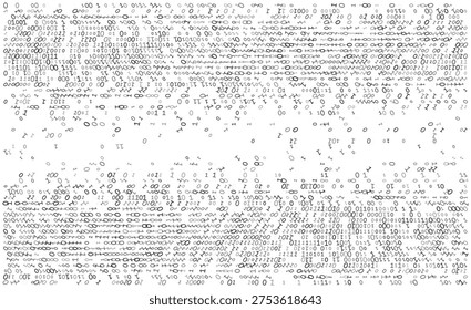 A rhythmic separation of binary clusters creating a distinct central negative space across a white field. The composition artfully illustrates the concept of data packets moving through a transmission medium.
