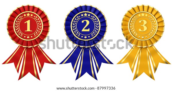 Ribbon awards for first, second and third place on a white background