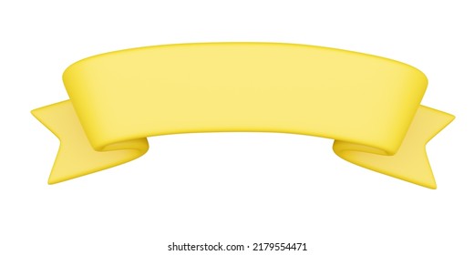 Ribbon Banner 3D Render - Yellow Cartoon Badge With Empty Space For Title. Decorative Tag To Text Sign For Festive Or Advertising Poster. Curved And Twisted Tape With Copy Space.