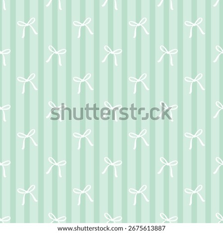 Ribbon bow doodle pattern background. Hand-drawn seamless bow design with yellow striped backdrop. Cute ribbon seamless pattern. Seamless pattern with girly ribbon bows.

