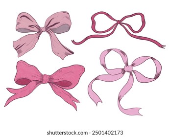 Ribbon, bows symbol set. Trendy elegant tape sign for celebrations silhouette, icon linear design. Various cartoon bow knot gift ribbon party accessory. Glamour hand drawn - Powered by Shutterstock